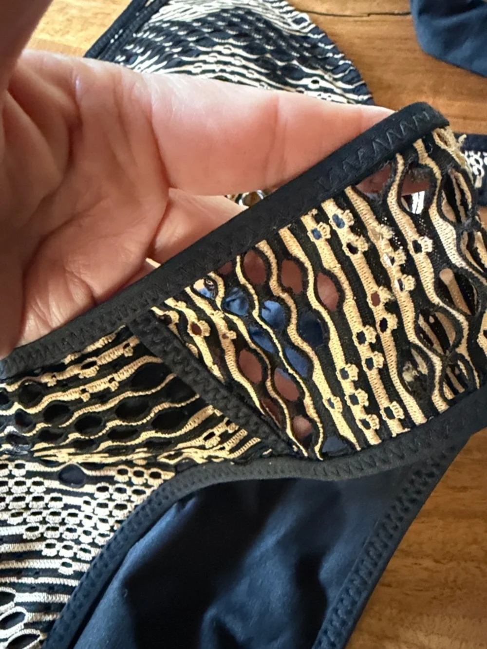 BECCA Black and Gold Lace-Pattern Triangle Bikini